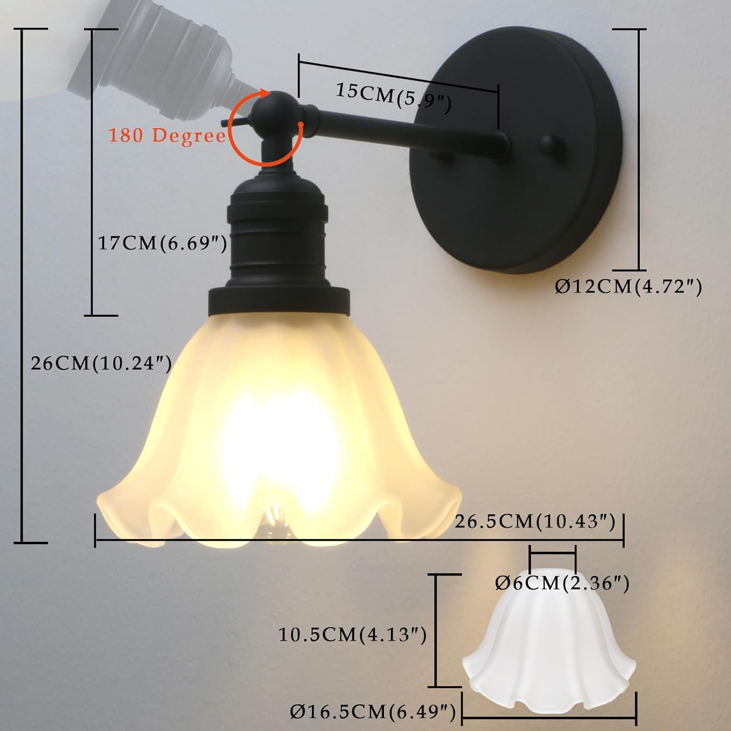 Phansthy Vintage Wall Sconces with Frosted Glass Lampshade 180 Degree Adjustable Brass Sconces Modern Glass Wall Lighting Fixture for Bedside Bedroom Doorway Bathroom (Black)