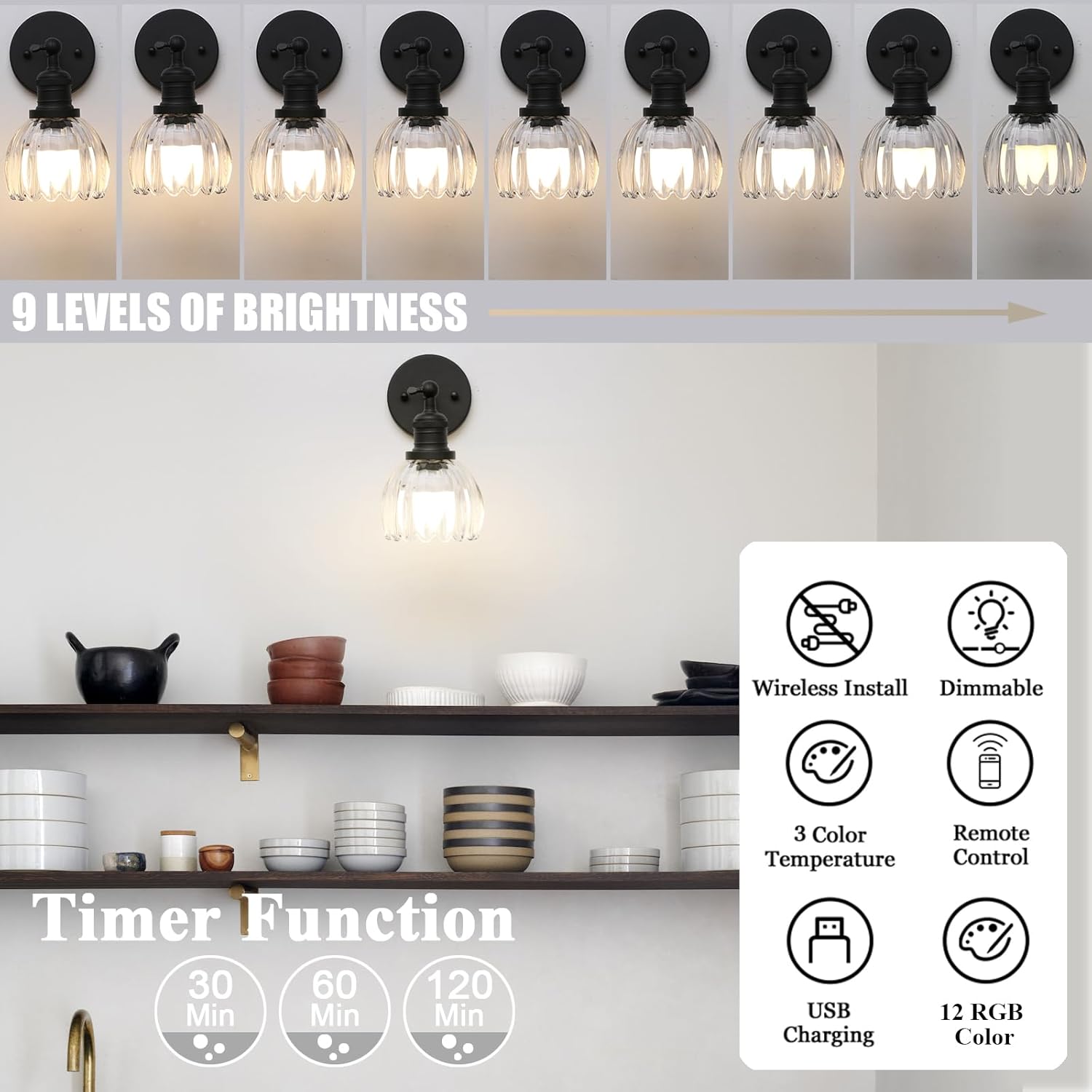 Phansthy Vintage Battery Operated Wall Sconce with Transparent Tulip Glass Lampshade, USB Rechargeable Battery Powered Wall Light with 12 RGB Remote Control for Bedside Bedroom Doorway (Antique)
