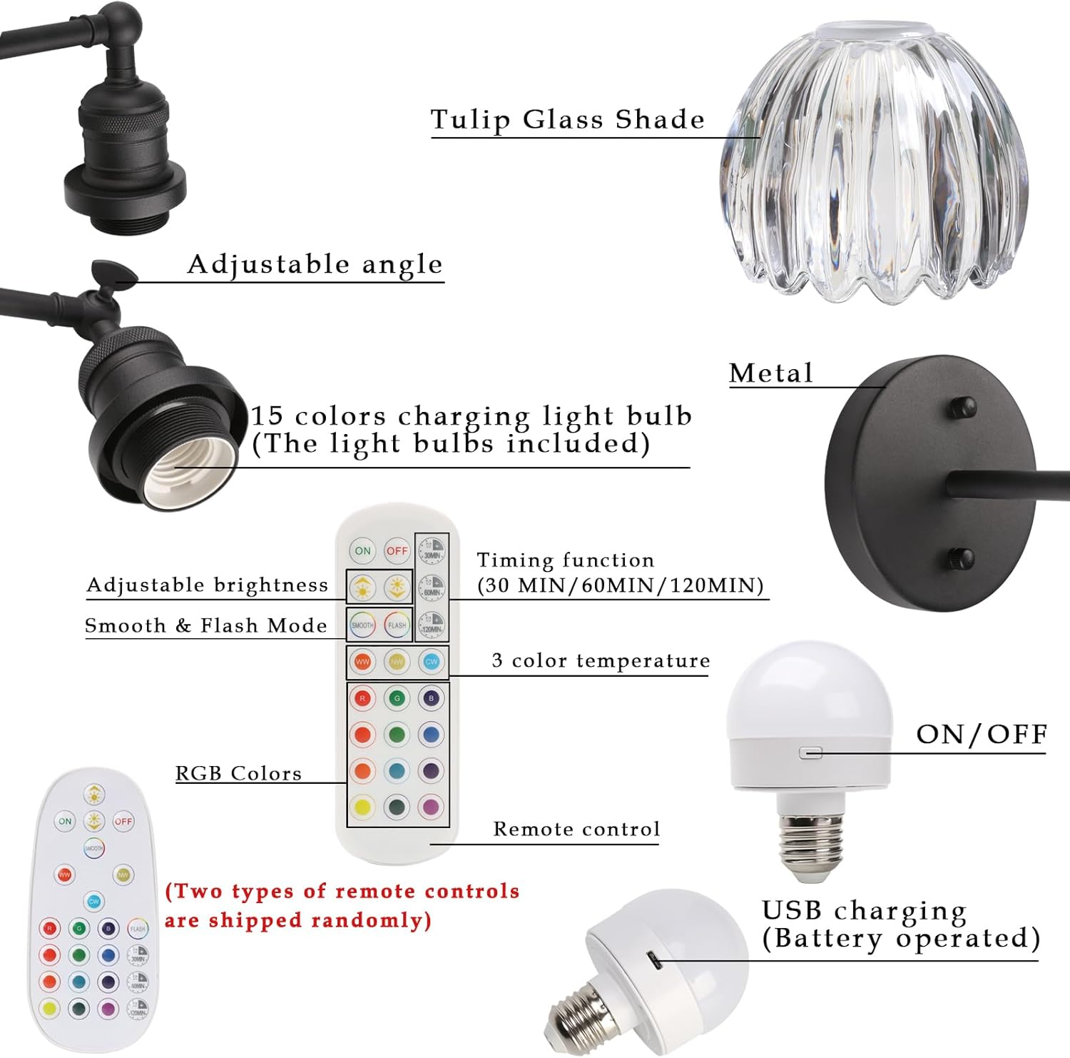Phansthy Vintage Battery Operated Wall Sconce with Transparent Tulip Glass Lampshade, USB Rechargeable Battery Powered Wall Light with 12 RGB Remote Control for Bedside Bedroom Doorway (Antique)