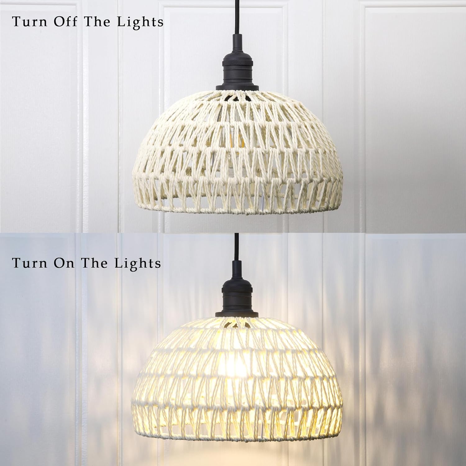 Phansthy Cream Hemp Rope Woven Pendant Light 11.4" Boho Woven Rattan/Iron Chandelier Farmhouse Dome Wicker Pendant Light Adjustable for Dining Room Living Room Kitchen Island Bedroom (Antique)