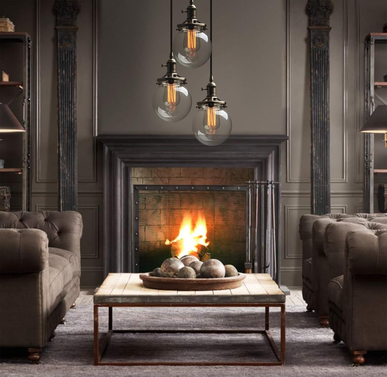 Phansthy Industrial Ceiling Light 3 Light Vintage Chandelier Light Fixture with 5.9 Inches Glass Lamp Shade,Brushed Nickel