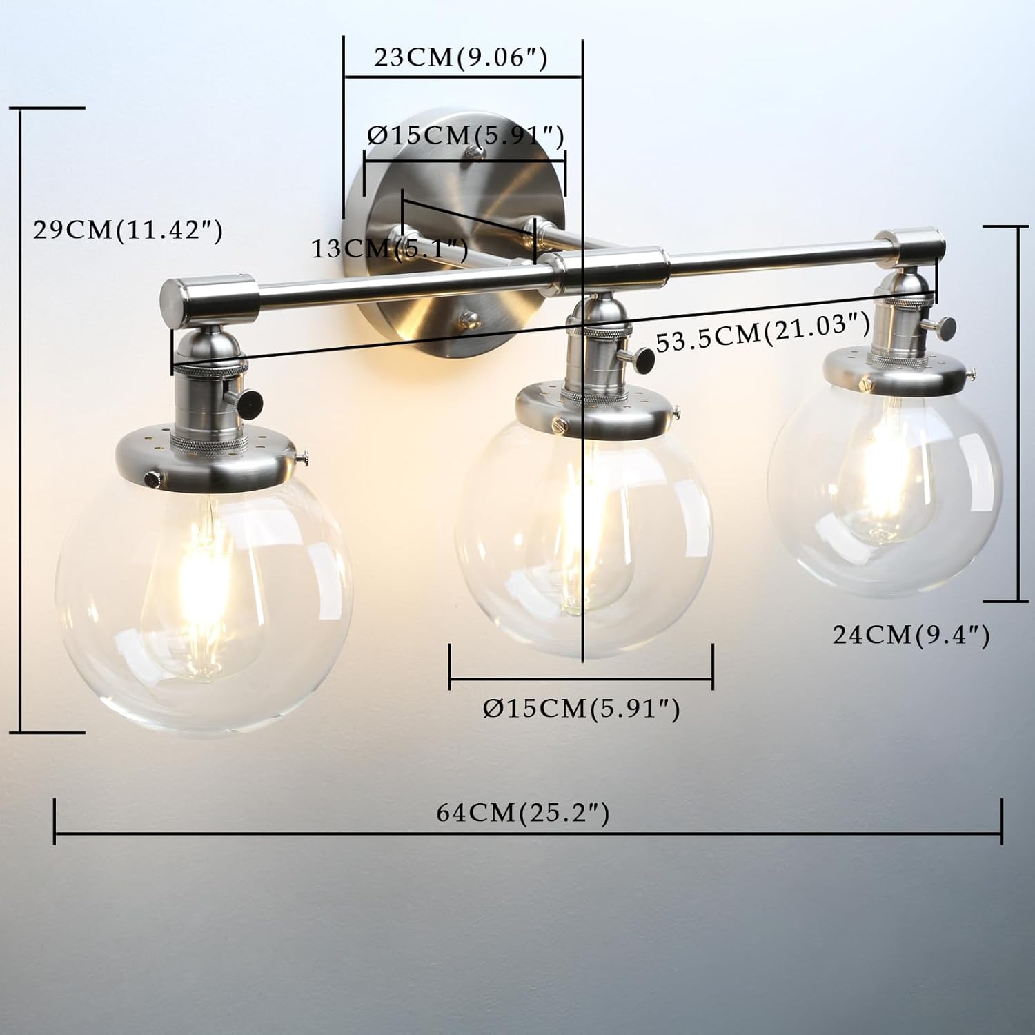 Phansthy Industrial 3 Lights Wall Sconce Modern Bathroom Vanity Light Fixture with On Off Switch and Three 5.9 Inches Diameter Globe Glass Lampshade (Chrome)