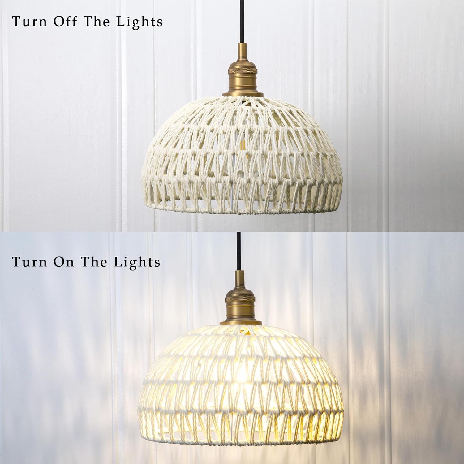 Phansthy Cream Hemp Rope Woven Pendant Light 11.4" Boho Woven Rattan/Iron Chandelier Farmhouse Dome Wicker Pendant Light Adjustable for Dining Room Living Room Kitchen Island Bedroom (Antique)
