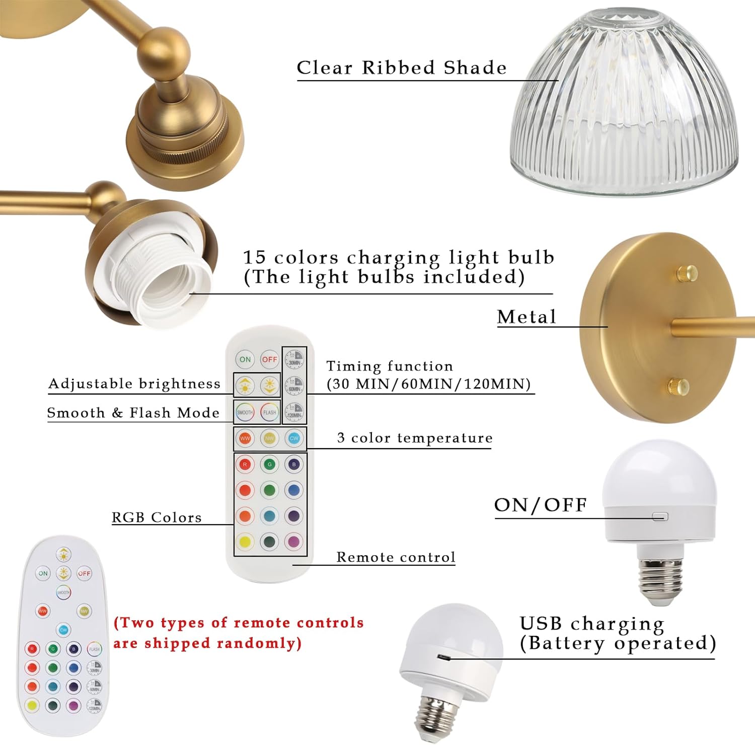 Phansthy Industrial Rechargeable Battery Operated Wall Sconce with Remote Control, Clear Striped Glass Shade Wall Lamp, Vintage Dimmable Indoor Wall Light for Bedroom Living Room Restaurant (Antique)