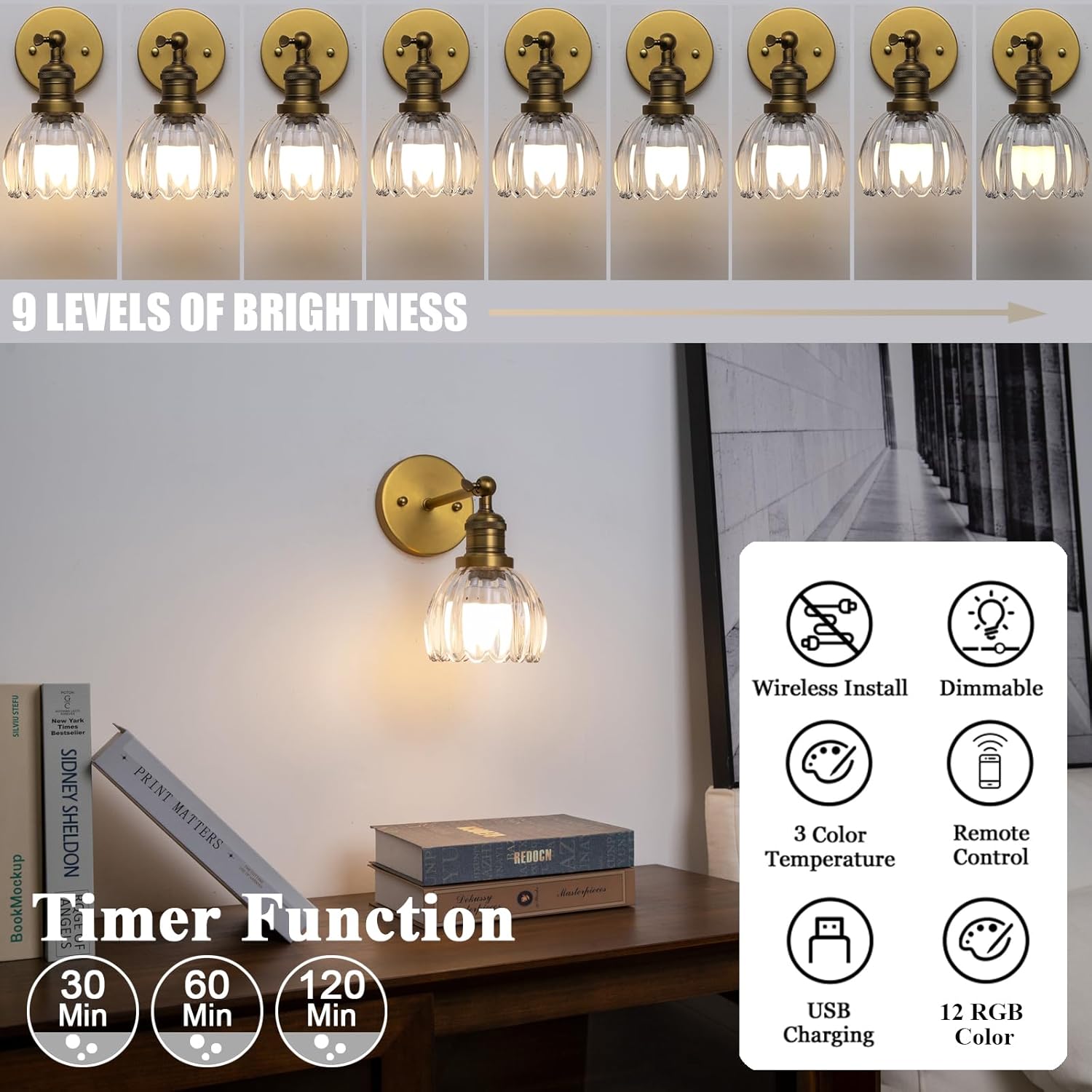 Phansthy Vintage Battery Operated Wall Sconce with Transparent Tulip Glass Lampshade, USB Rechargeable Battery Powered Wall Light with 12 RGB Remote Control for Bedside Bedroom Doorway (Antique)