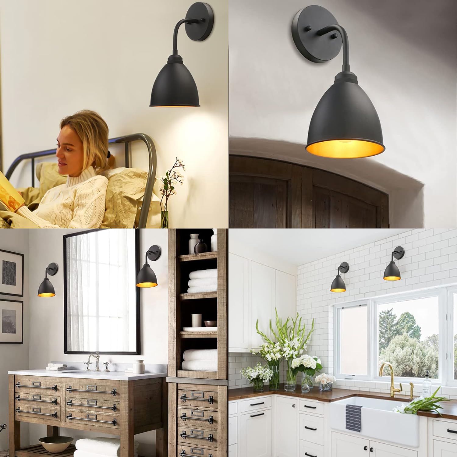 Phansthy Industrial Wall Sconce Matte Black Barn Farmhouse Wall Light Fixture with Metal Lampshade (Hanging-Wired)