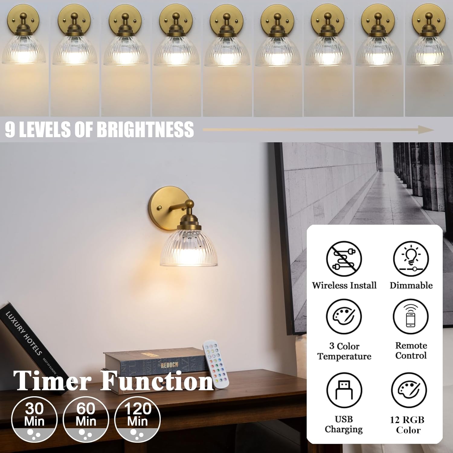 Phansthy Industrial Rechargeable Battery Operated Wall Sconce with Remote Control, Clear Striped Glass Shade Wall Lamp, Vintage Dimmable Indoor Wall Light for Bedroom Living Room Restaurant (Antique)