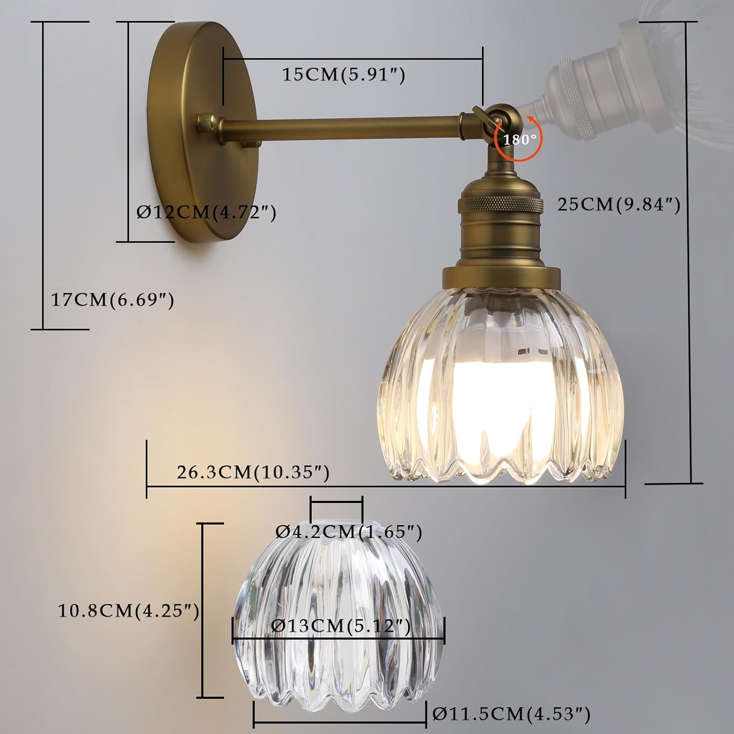 Phansthy Vintage Battery Operated Wall Sconce with Transparent Tulip Glass Lampshade, USB Rechargeable Battery Powered Wall Light with 12 RGB Remote Control for Bedside Bedroom Doorway (Antique)