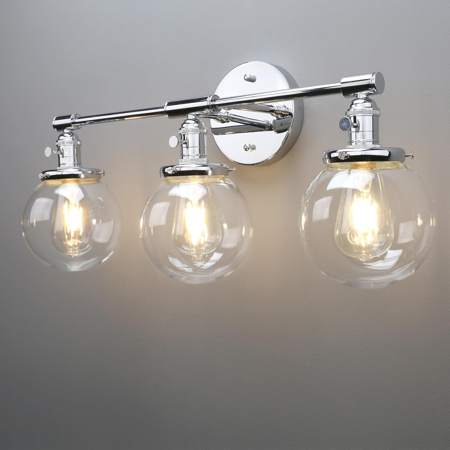 Phansthy Industrial 3 Lights Wall Sconce Modern Bathroom Vanity Light Fixture with On Off Switch and Three 5.9 Inches Diameter Globe Glass Lampshade (Chrome)