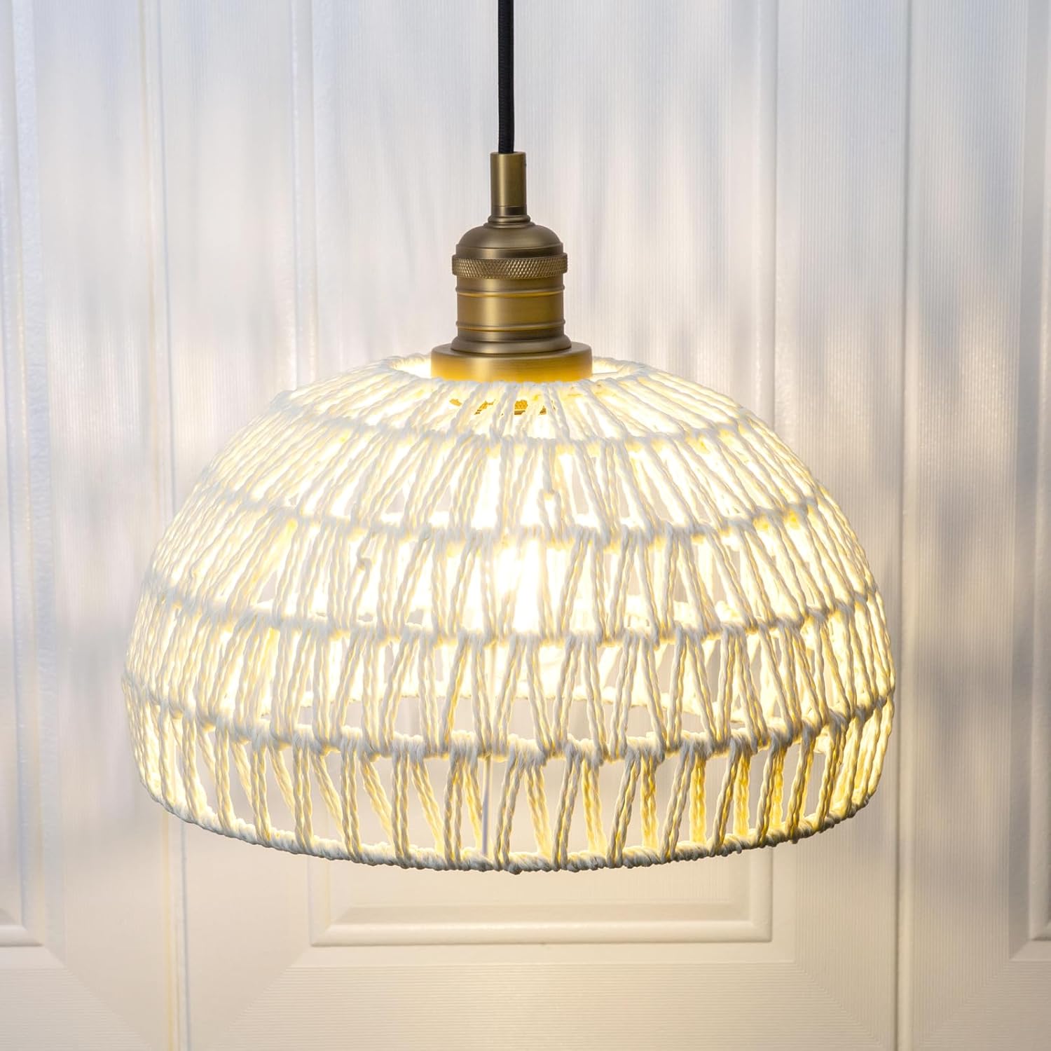 Phansthy Cream Hemp Rope Woven Pendant Light 11.4" Boho Woven Rattan/Iron Chandelier Farmhouse Dome Wicker Pendant Light Adjustable for Dining Room Living Room Kitchen Island Bedroom (Antique)