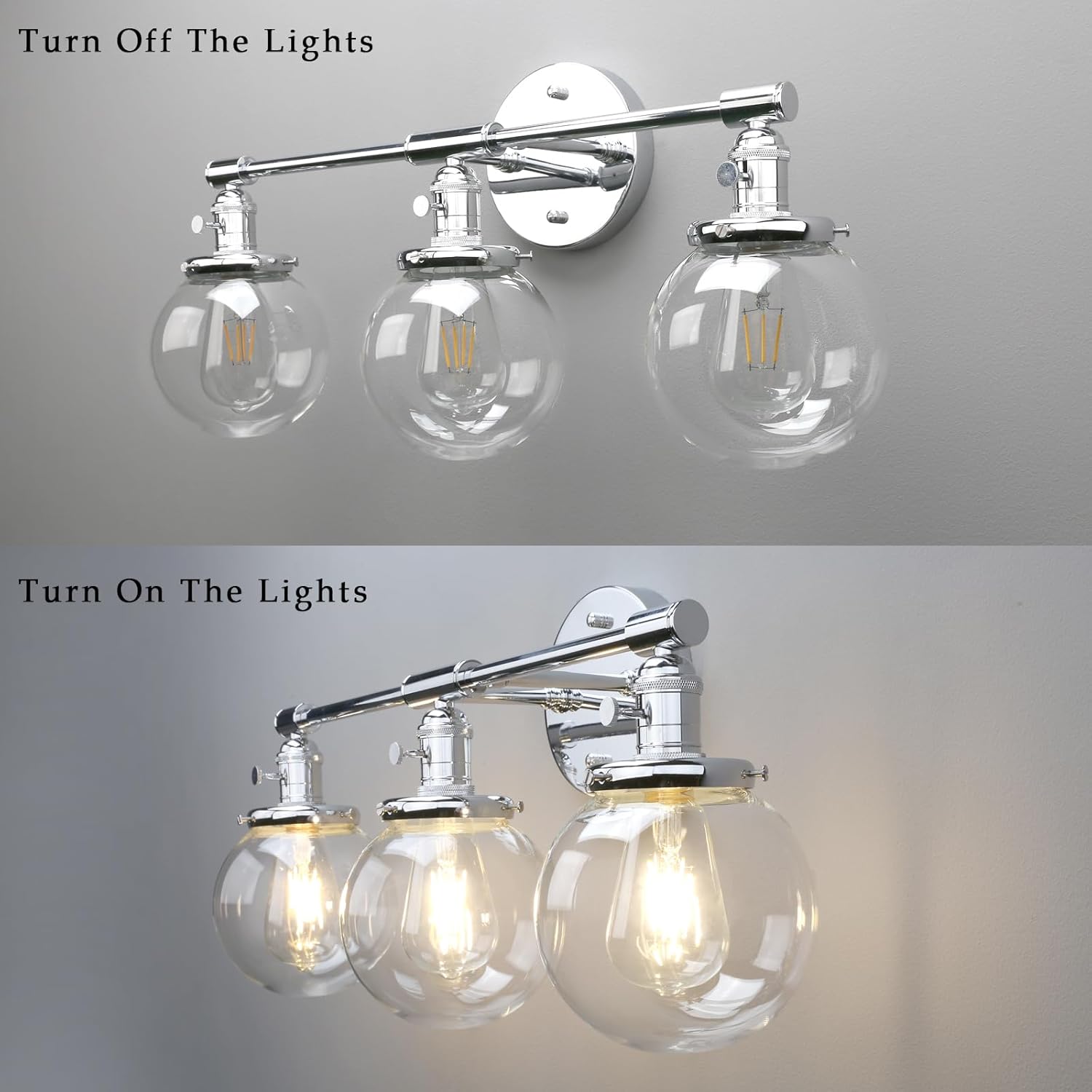 Phansthy Industrial 3 Lights Wall Sconce Modern Bathroom Vanity Light Fixture with On Off Switch and Three 5.9 Inches Diameter Globe Glass Lampshade (Chrome)
