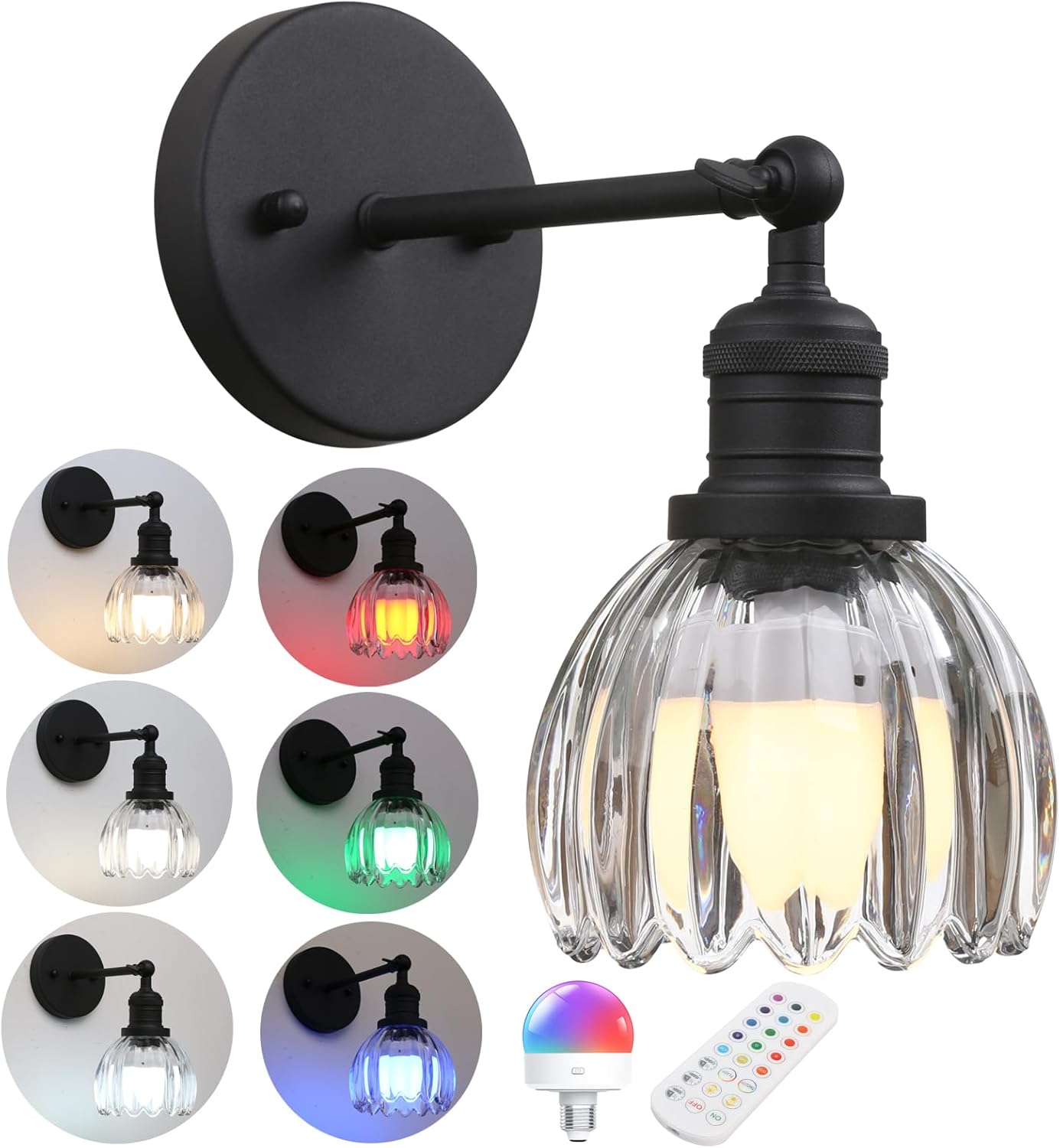 Phansthy Vintage Battery Operated Wall Sconce with Transparent Tulip Glass Lampshade, USB Rechargeable Battery Powered Wall Light with 12 RGB Remote Control for Bedside Bedroom Doorway (Antique)