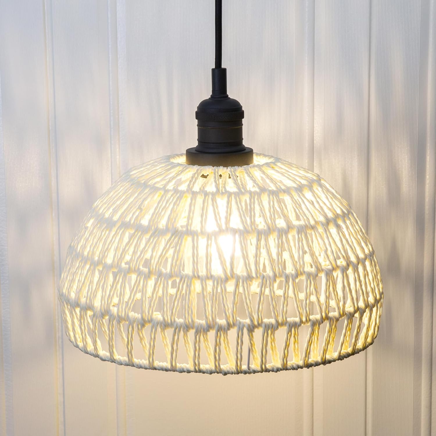 Phansthy Cream Hemp Rope Woven Pendant Light 11.4" Boho Woven Rattan/Iron Chandelier Farmhouse Dome Wicker Pendant Light Adjustable for Dining Room Living Room Kitchen Island Bedroom (Antique)