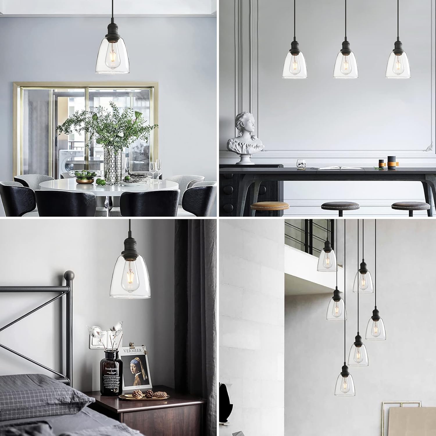 Phansthy Vintage Pendant Light Industrial Hanging Bell Glass Shade Ceiling Lamp Pendant Fixture (Black)