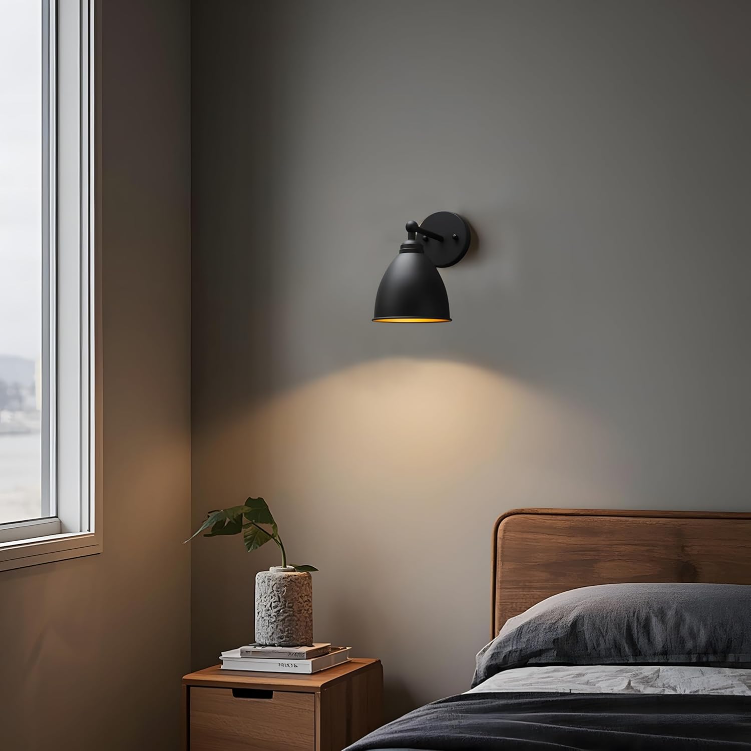 Phansthy Industrial Wall Sconce Matte Black Barn Farmhouse Wall Light Fixture with Metal Lampshade (Hanging-Wired)