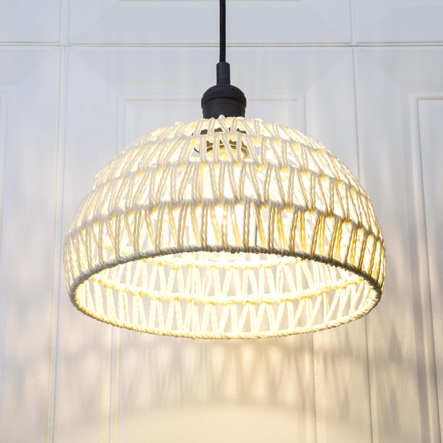 Phansthy Cream Hemp Rope Woven Pendant Light 11.4" Boho Woven Rattan/Iron Chandelier Farmhouse Dome Wicker Pendant Light Adjustable for Dining Room Living Room Kitchen Island Bedroom (Antique)