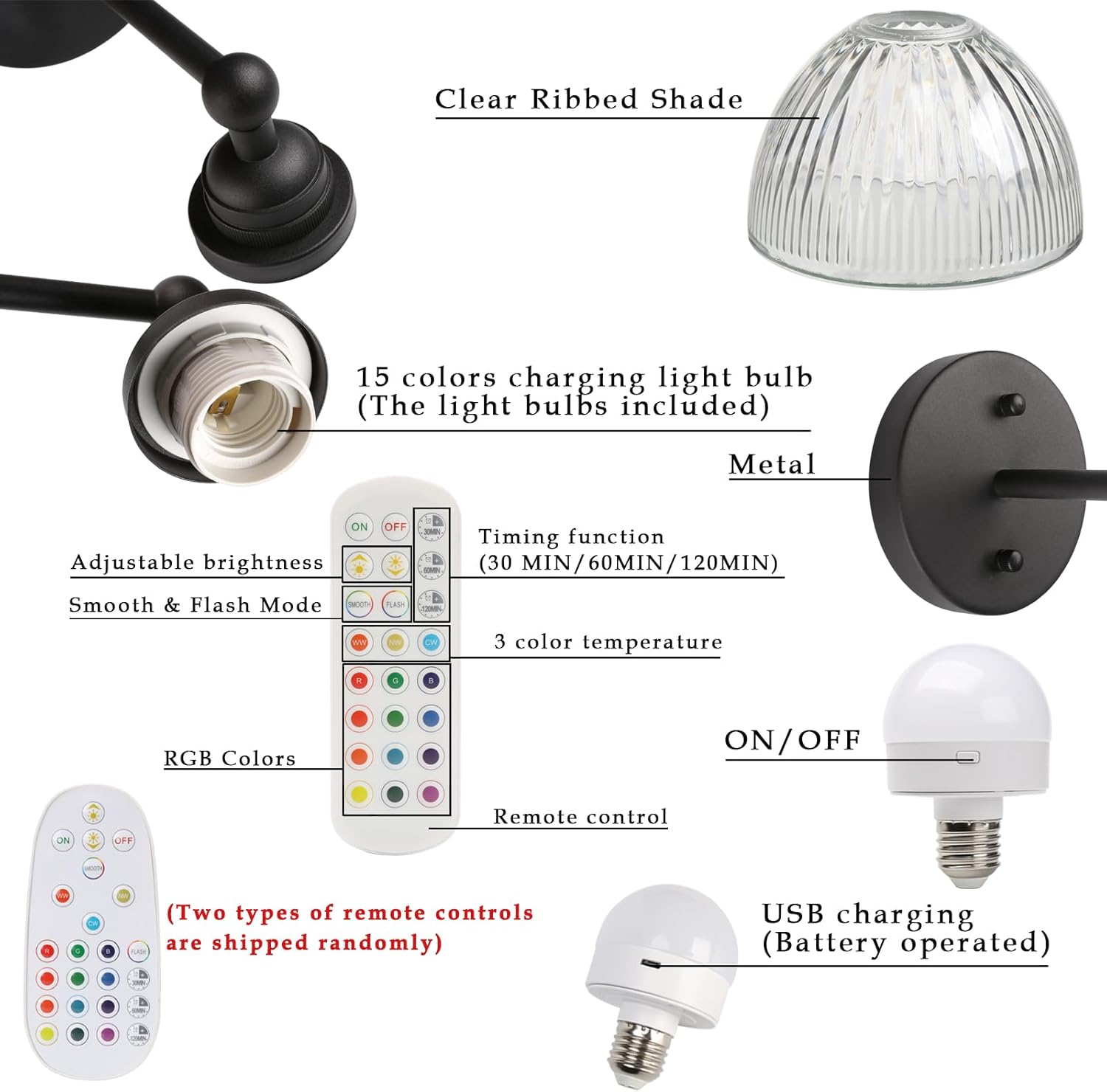 Phansthy Industrial Rechargeable Battery Operated Wall Sconce with Remote Control, Clear Striped Glass Shade Wall Lamp, Vintage Dimmable Indoor Wall Light for Bedroom Living Room Restaurant (Antique)