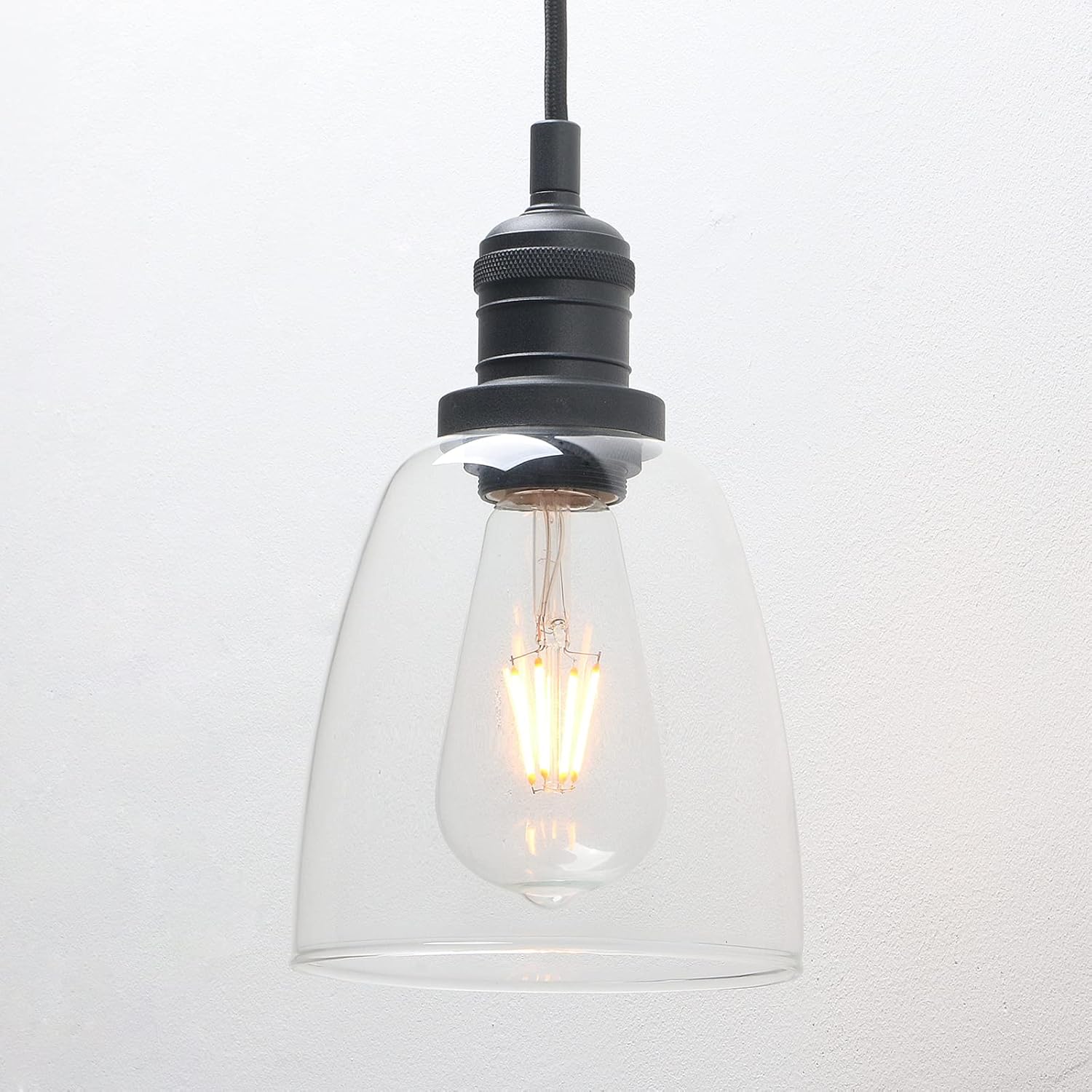 Phansthy Vintage Pendant Light Industrial Hanging Bell Glass Shade Ceiling Lamp Pendant Fixture (Black)