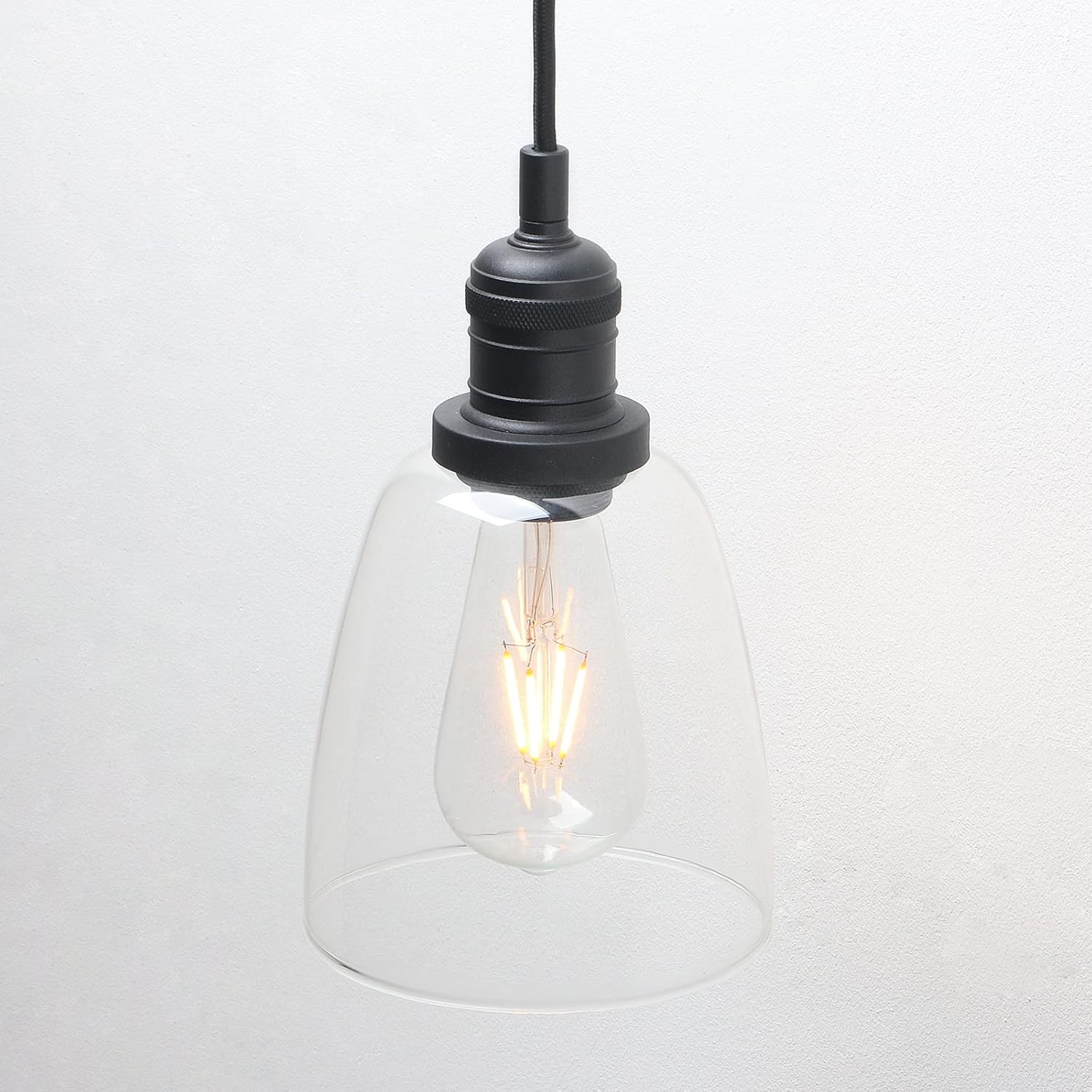 Phansthy Vintage Pendant Light Industrial Hanging Bell Glass Shade Ceiling Lamp Pendant Fixture (Black)