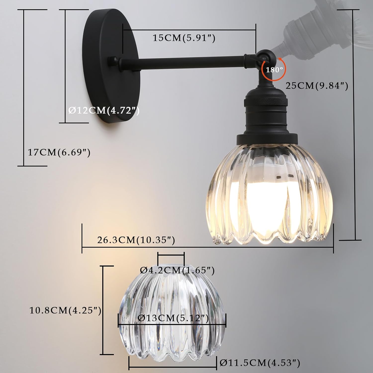 Phansthy Vintage Battery Operated Wall Sconce with Transparent Tulip Glass Lampshade, USB Rechargeable Battery Powered Wall Light with 12 RGB Remote Control for Bedside Bedroom Doorway (Antique)