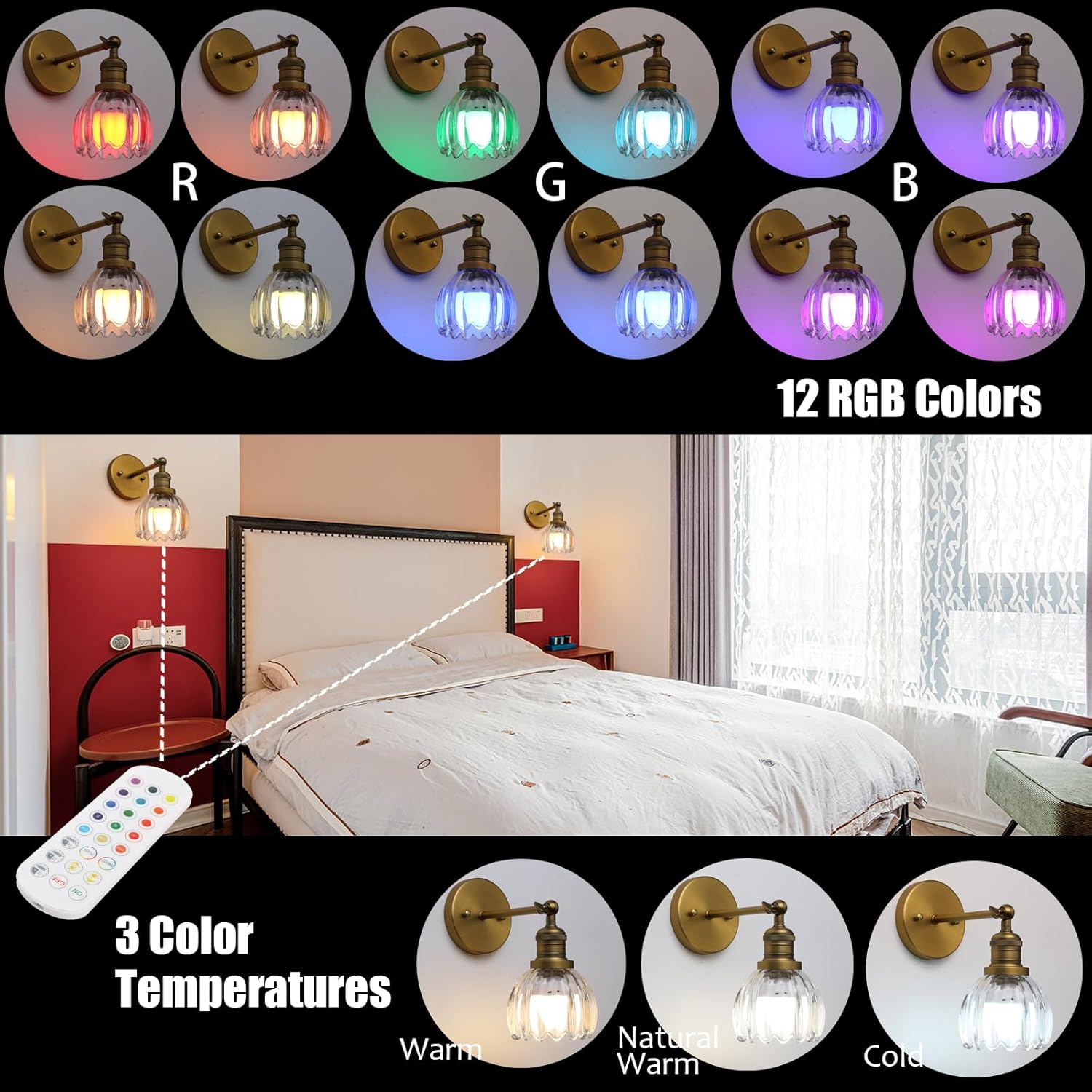 Phansthy Vintage Battery Operated Wall Sconce with Transparent Tulip Glass Lampshade, USB Rechargeable Battery Powered Wall Light with 12 RGB Remote Control for Bedside Bedroom Doorway (Antique)