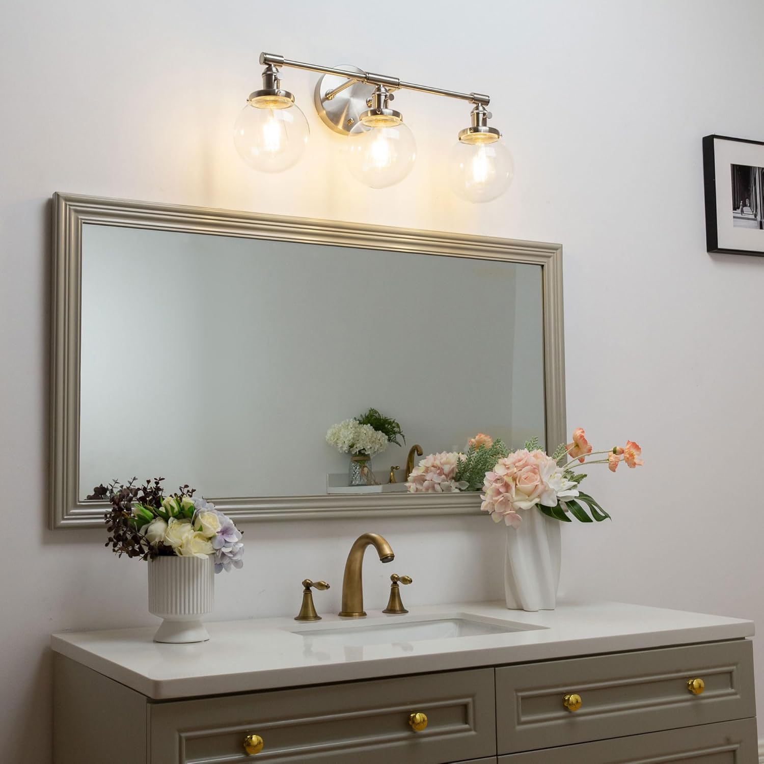 Phansthy Industrial 3 Lights Wall Sconce Modern Bathroom Vanity Light Fixture with On Off Switch and Three 5.9 Inches Diameter Globe Glass Lampshade (Chrome)