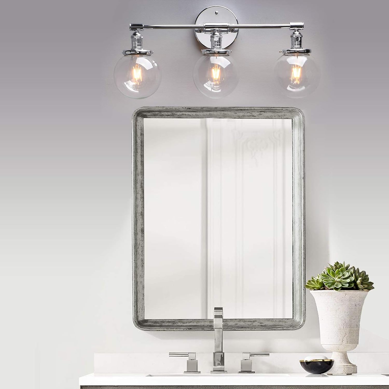 Phansthy Industrial 3 Lights Wall Sconce Modern Bathroom Vanity Light Fixture with On Off Switch and Three 5.9 Inches Diameter Globe Glass Lampshade (Chrome)