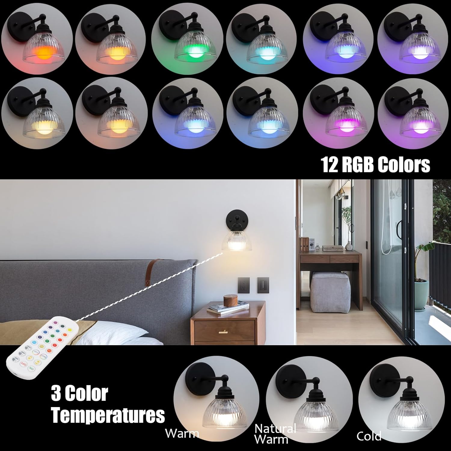 Phansthy Industrial Rechargeable Battery Operated Wall Sconce with Remote Control, Clear Striped Glass Shade Wall Lamp, Vintage Dimmable Indoor Wall Light for Bedroom Living Room Restaurant (Antique)