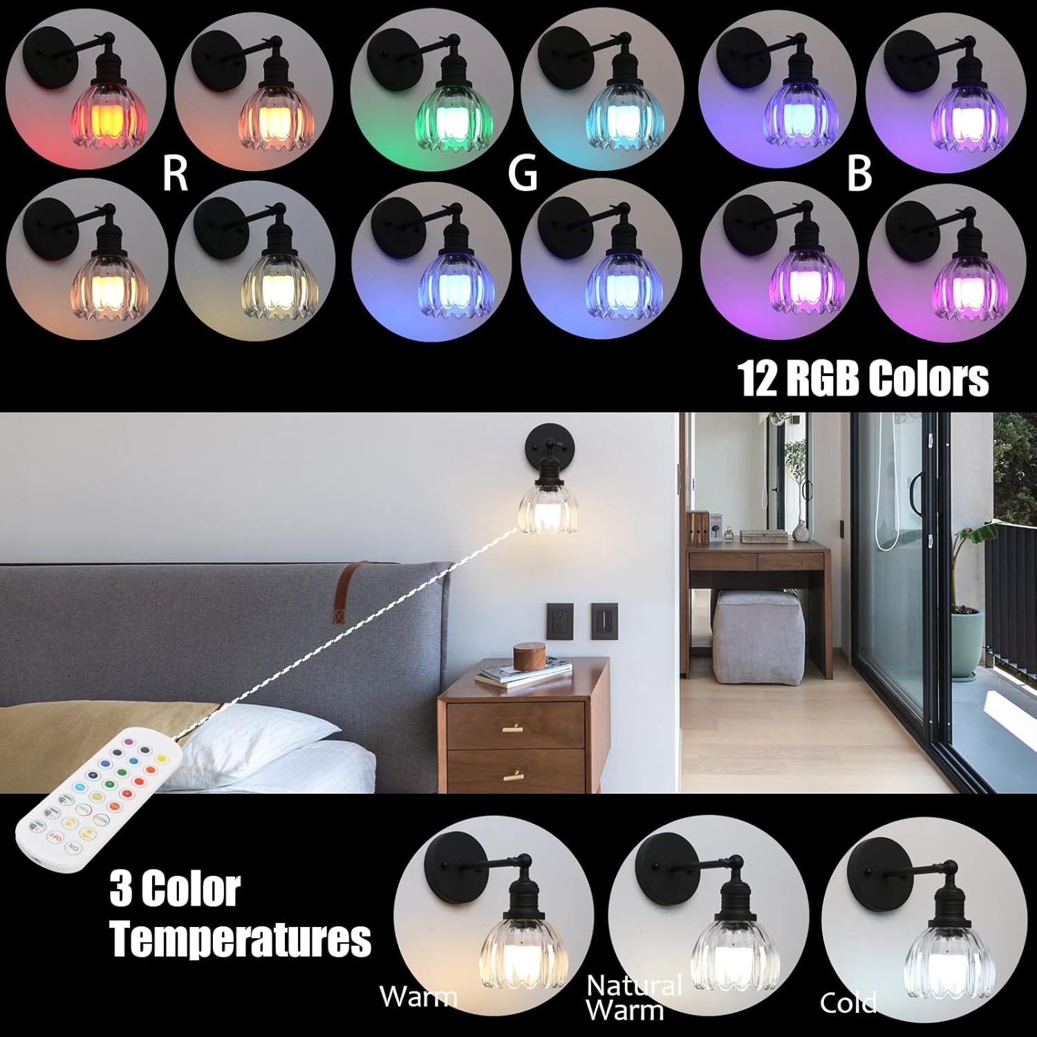 Phansthy Vintage Battery Operated Wall Sconce with Transparent Tulip Glass Lampshade, USB Rechargeable Battery Powered Wall Light with 12 RGB Remote Control for Bedside Bedroom Doorway (Antique)