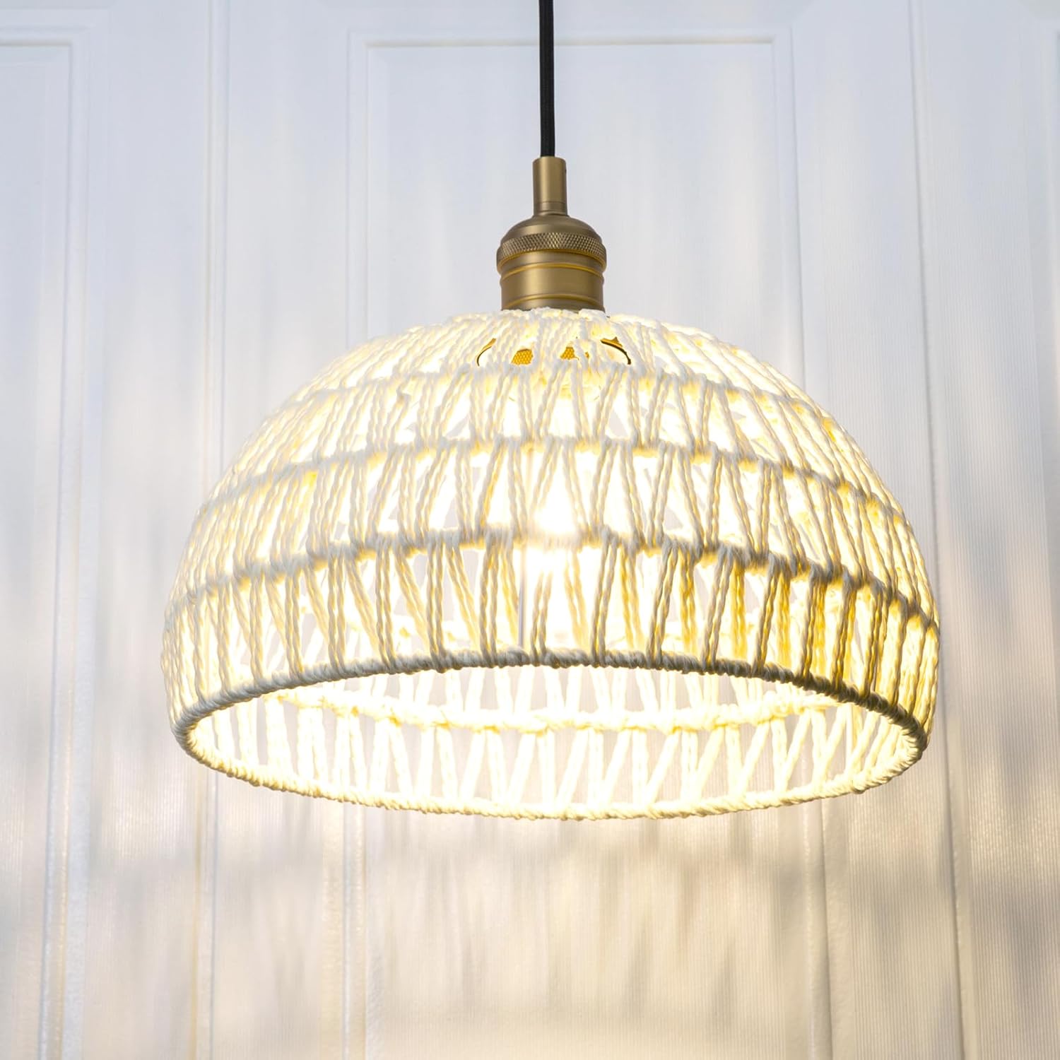 Phansthy Cream Hemp Rope Woven Pendant Light 11.4" Boho Woven Rattan/Iron Chandelier Farmhouse Dome Wicker Pendant Light Adjustable for Dining Room Living Room Kitchen Island Bedroom (Antique)