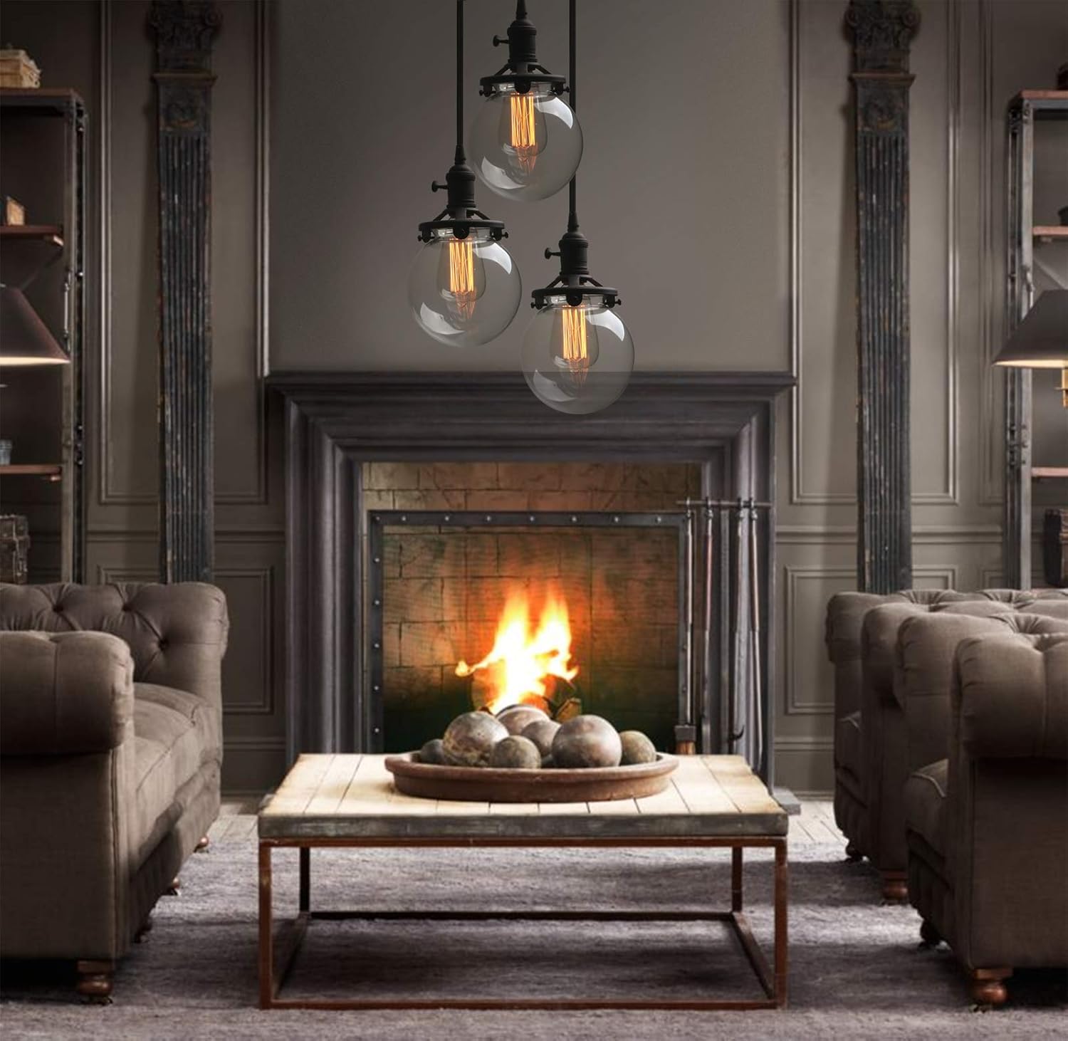 Phansthy Industrial Ceiling Light 3 Light Vintage Chandelier Light Fixture with 5.9 Inches Glass Lamp Shade,Brushed Nickel